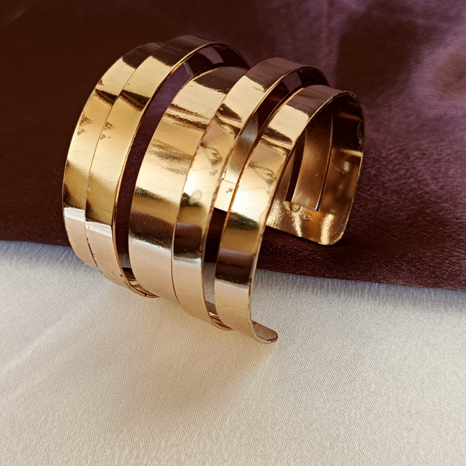 JJ Gold-Plated Cuff Bangle Multi-Band Statement Design