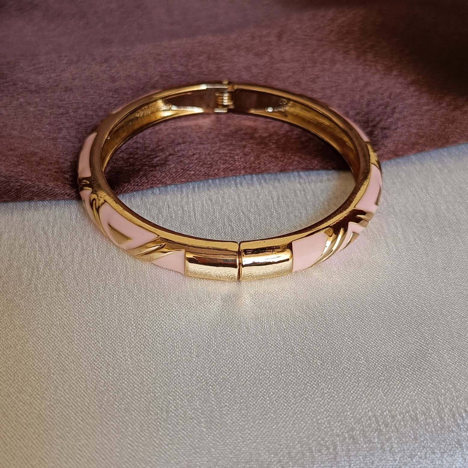 JJ Gold-Plated Pink Enamel Bangle Elegant Hinged Design