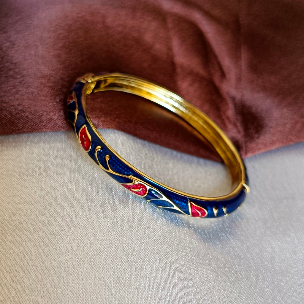 JJ Gold-Plated Blue & Red Enamel Bangle Artistic Statement Design