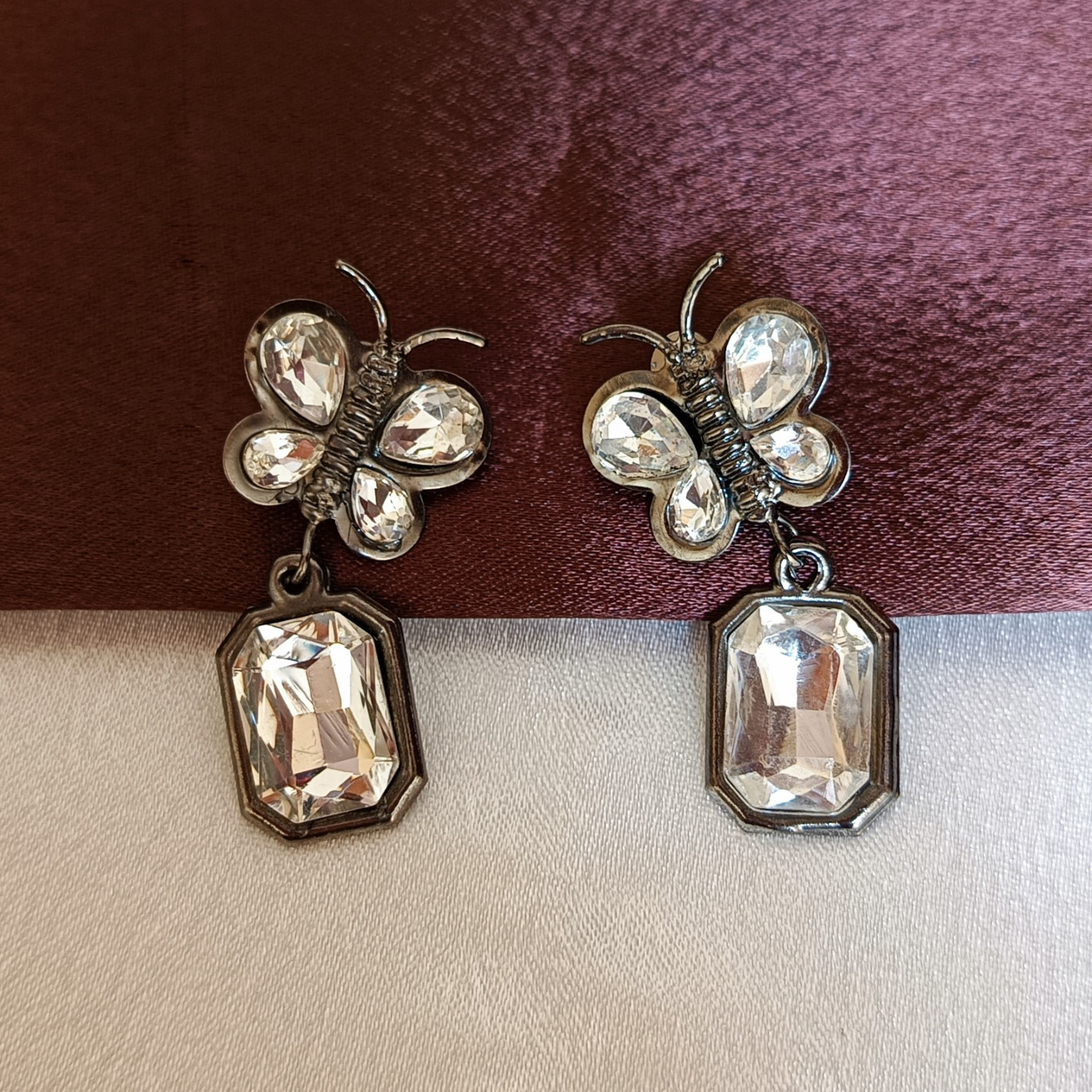 JJ Silver-Toned Crystal Butterfly Drop Earrings