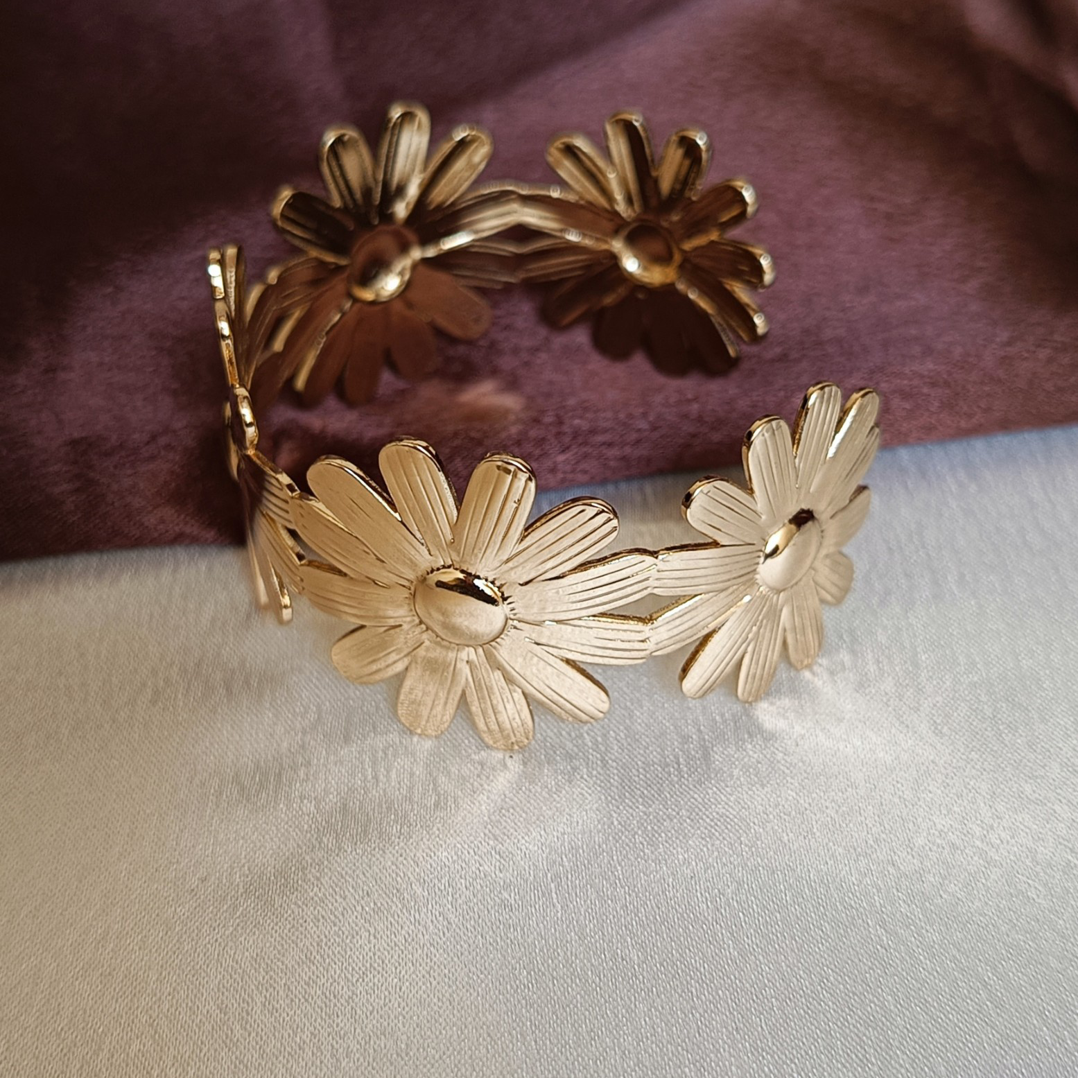 JJ Gold-Plated Daisy Cuff Bracelet Floral Bloom Design