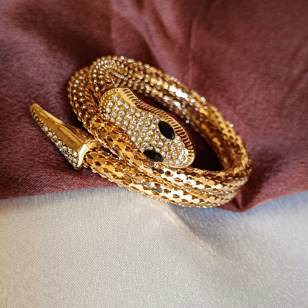 JJ Gold-Plated Crystal Snake Coil Bracelet Glam Statement Design