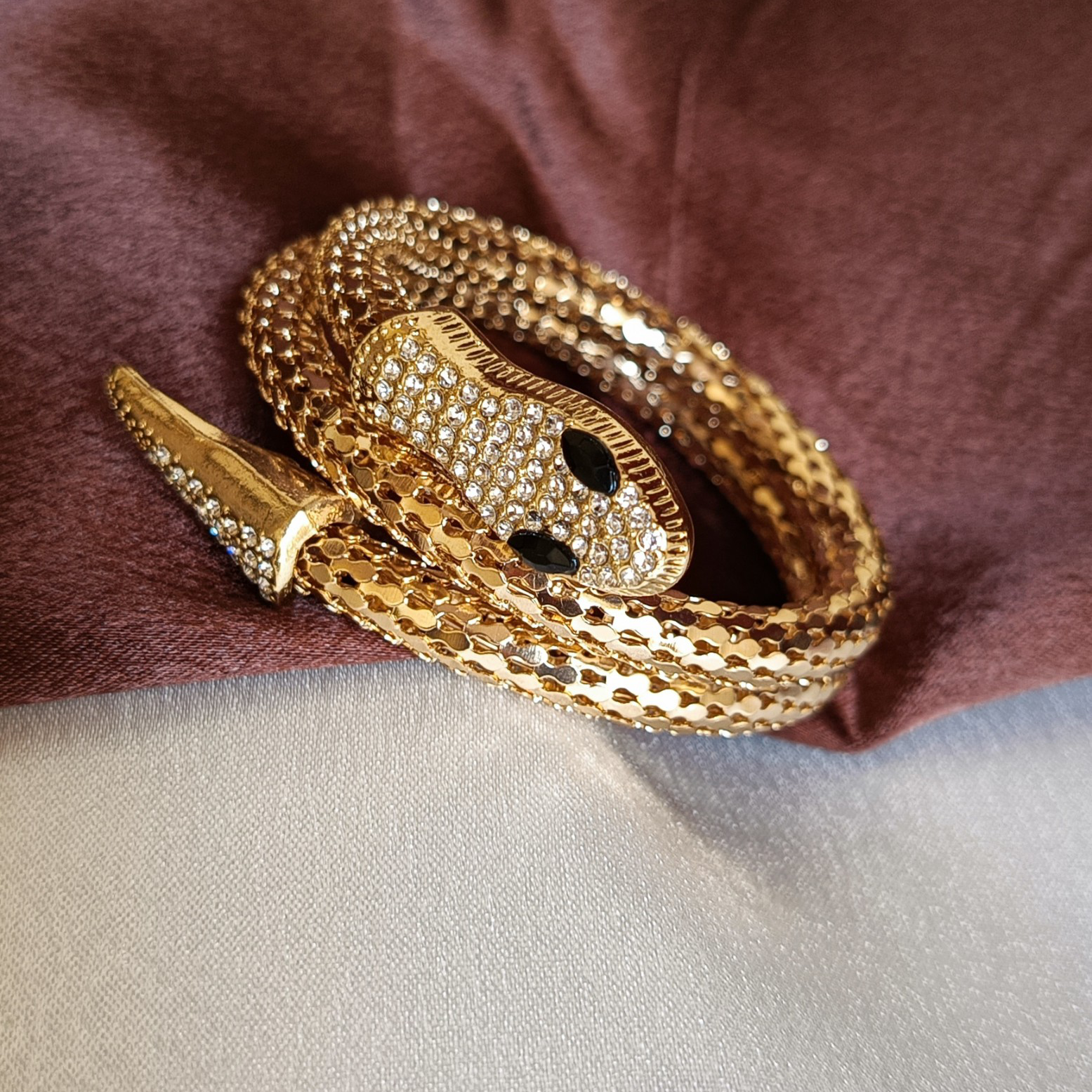 JJ Gold-Plated Crystal Snake Coil Bracelet Glam Statement Design