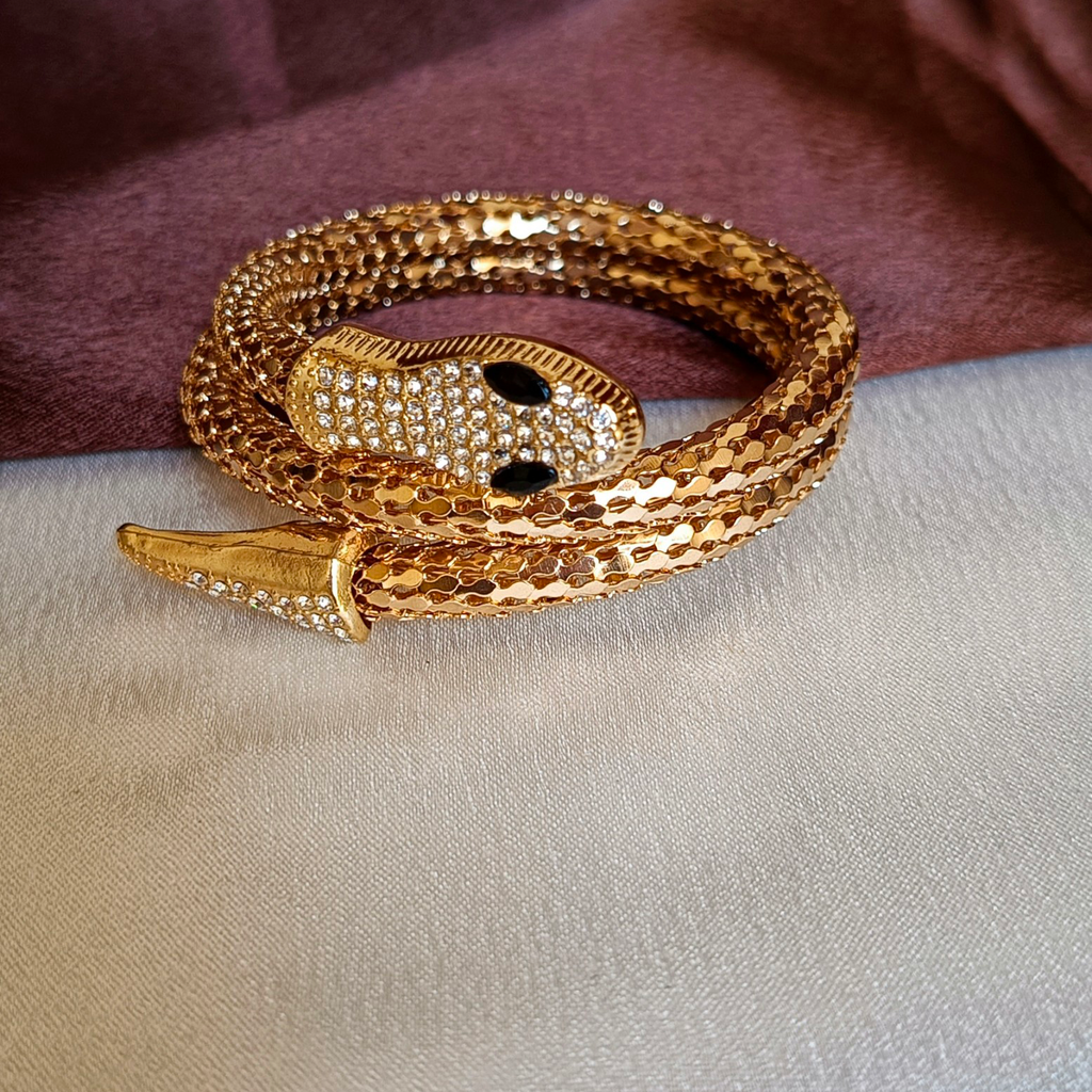 JJ Gold-Plated Crystal Snake Coil Bracelet Glam Statement Design