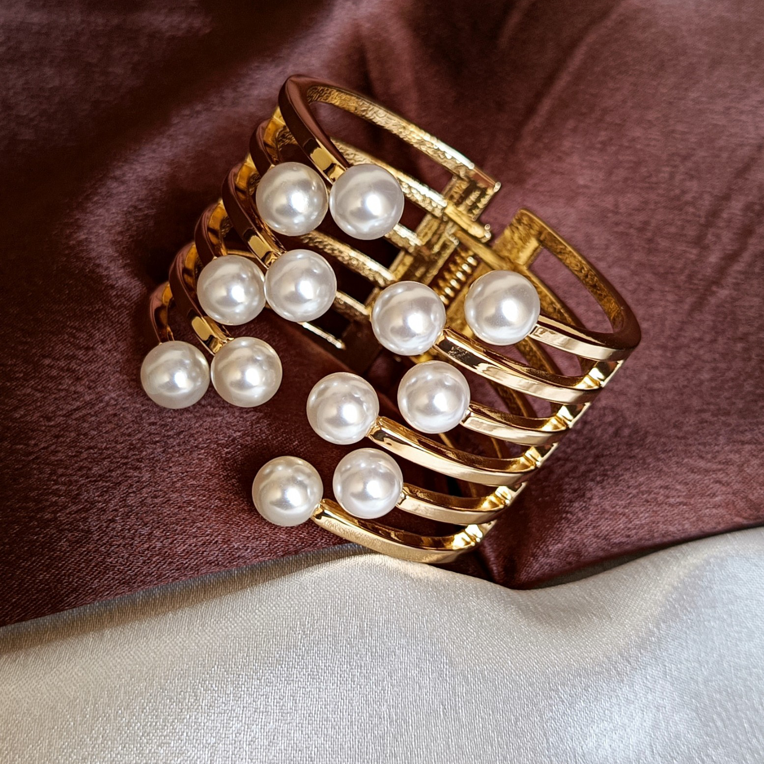 JJ Gold-Plated Pearl Cuff Elegant Multi-Row Design