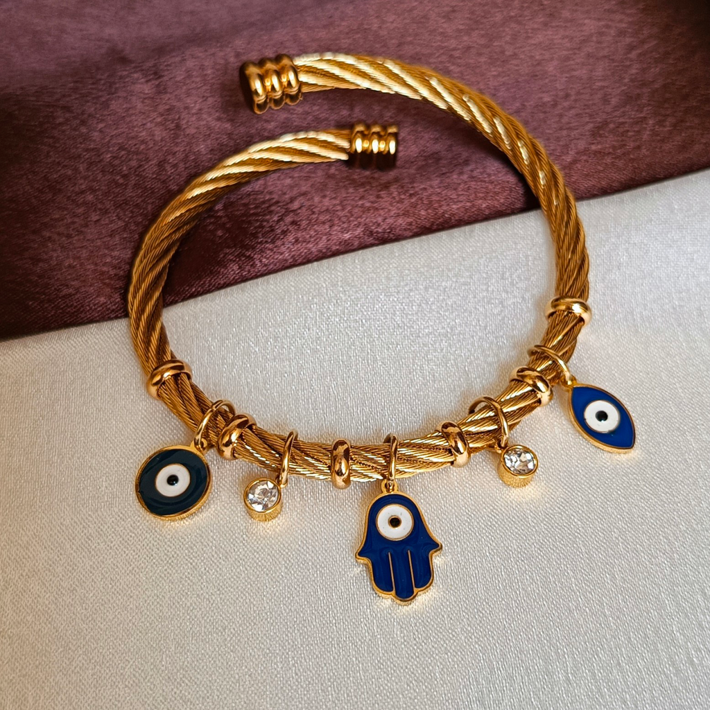 JJ Gold-Plated Evil Eye Wire Cuff Charm Dangling Design