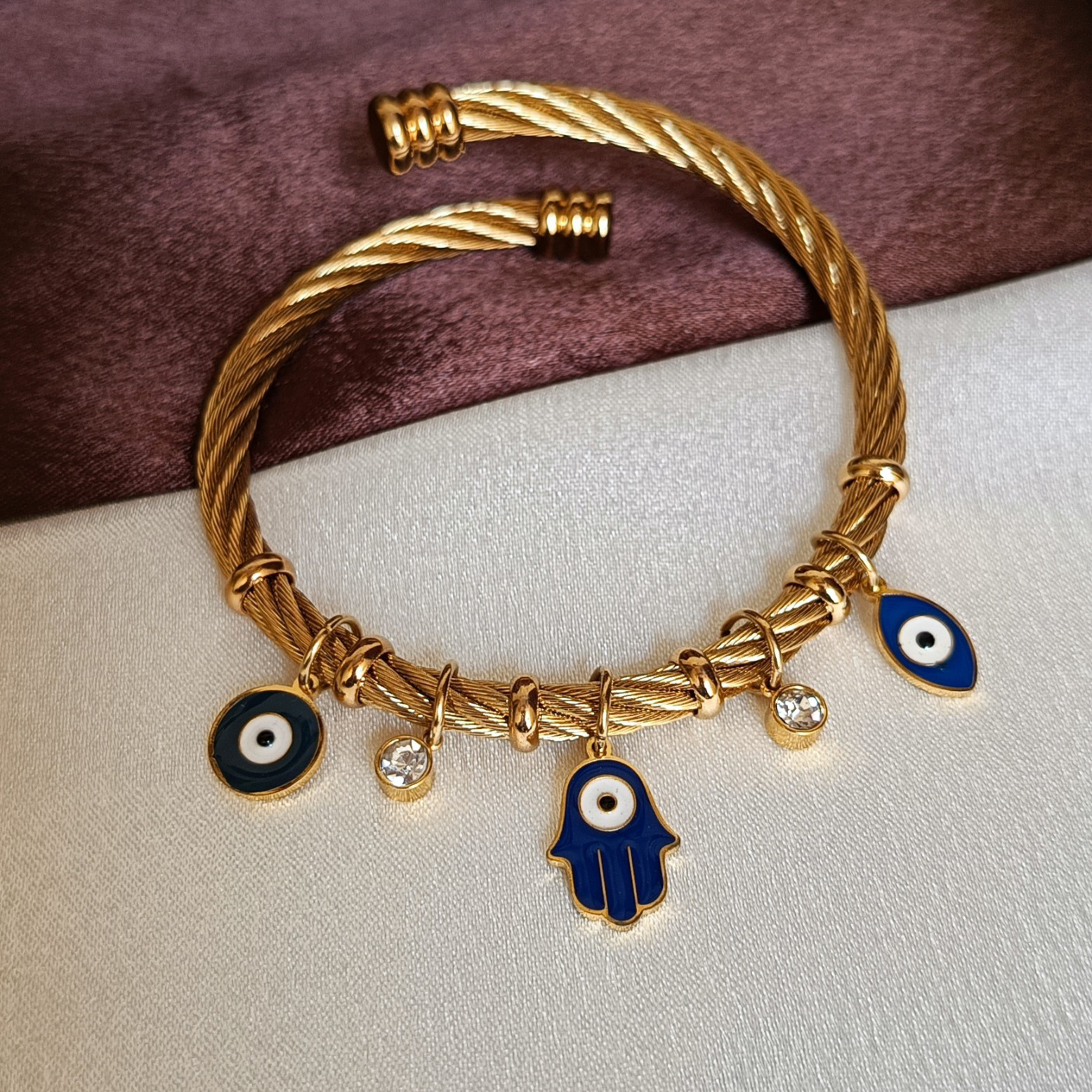 JJ Gold-Plated Evil Eye Wire Cuff Charm Dangling Design