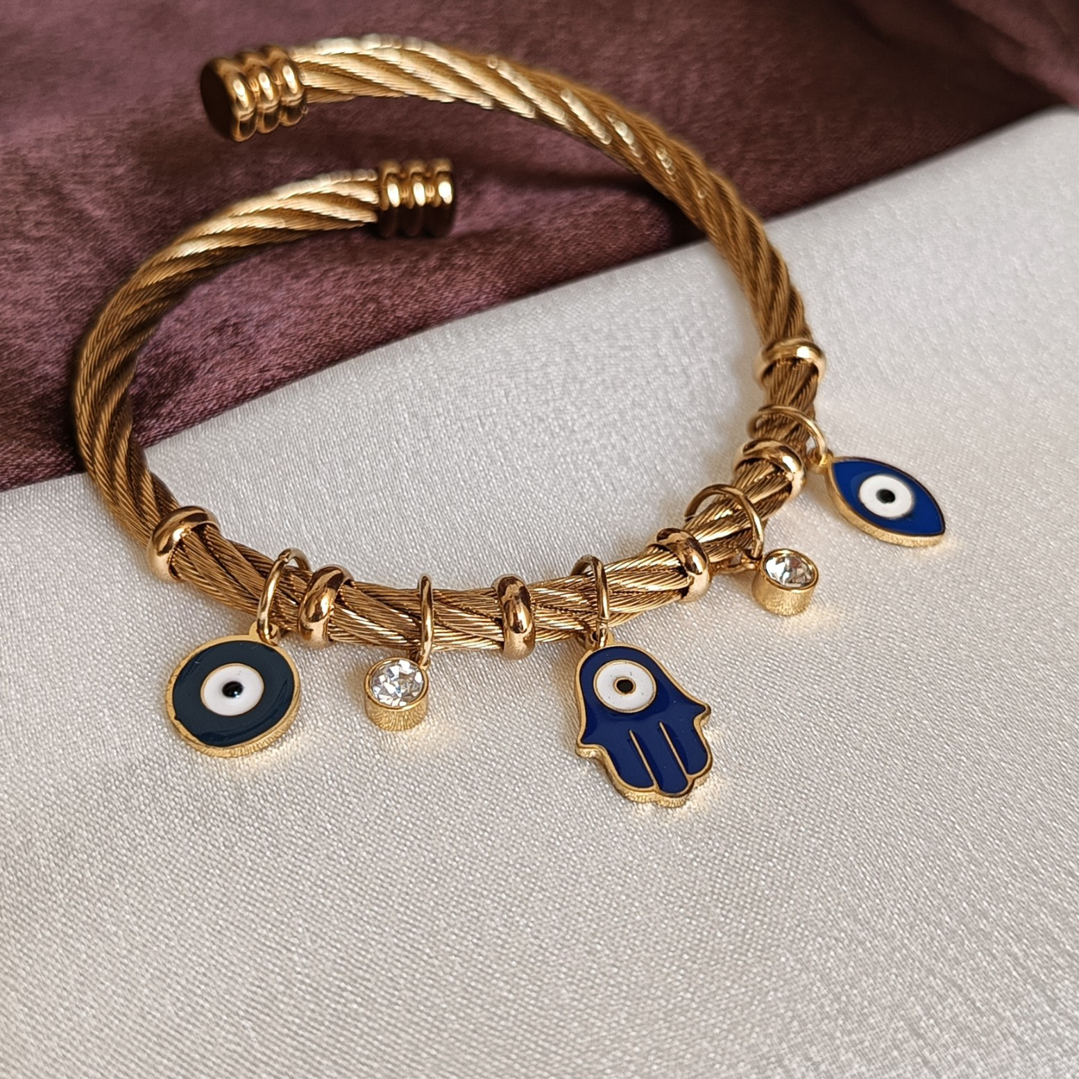 JJ Gold-Plated Evil Eye Wire Cuff Charm Dangling Design