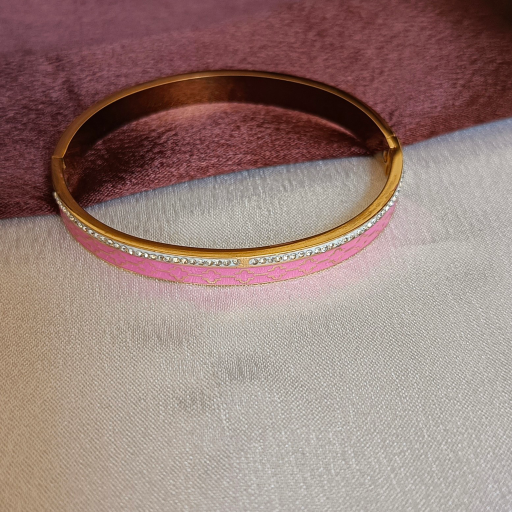 JJ Pink Enamel Bangle Crystal Lined Floral Design