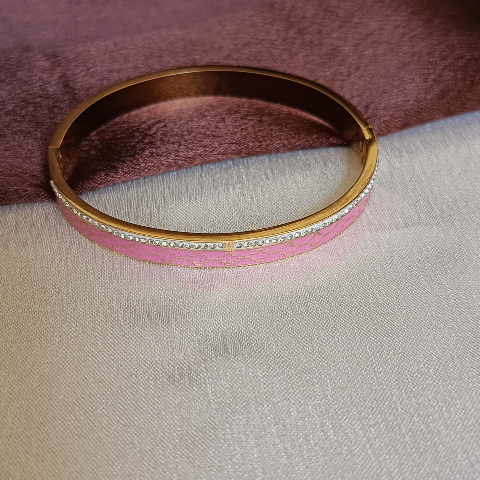 JJ Pink Enamel Bangle Crystal Lined Floral Design