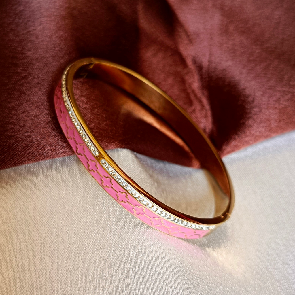 JJ Pink Enamel Bangle Crystal Lined Floral Design