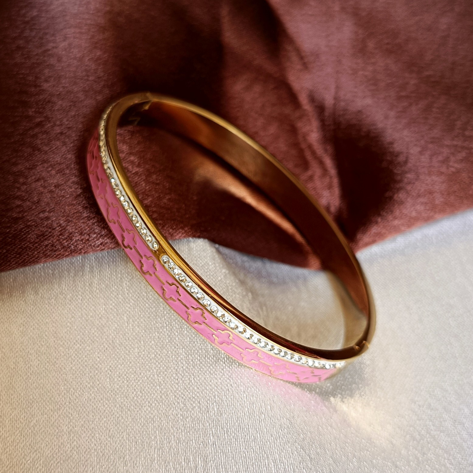 JJ Pink Enamel Bangle Crystal Lined Floral Design