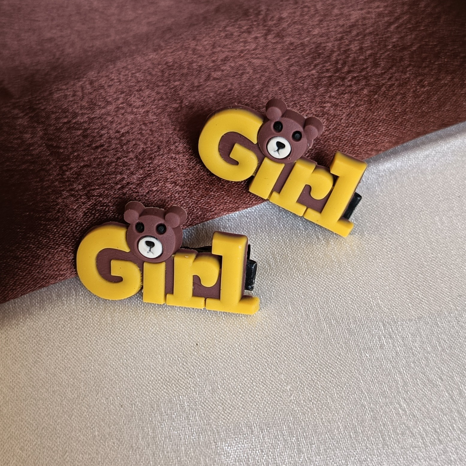 JJ Yellow ‘Girl’ Hair Clips – Teddy Bear Style
