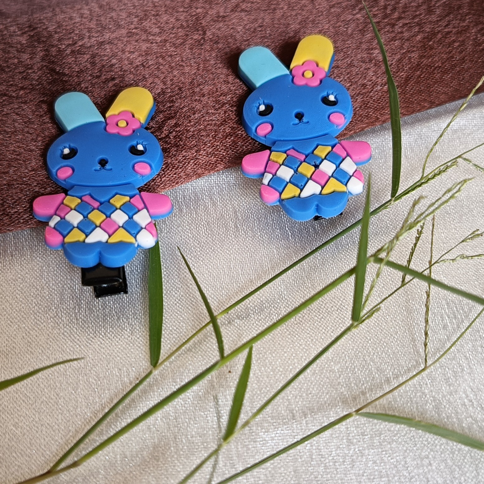 Blue Bunny Hair Clips (Harlequin Style)