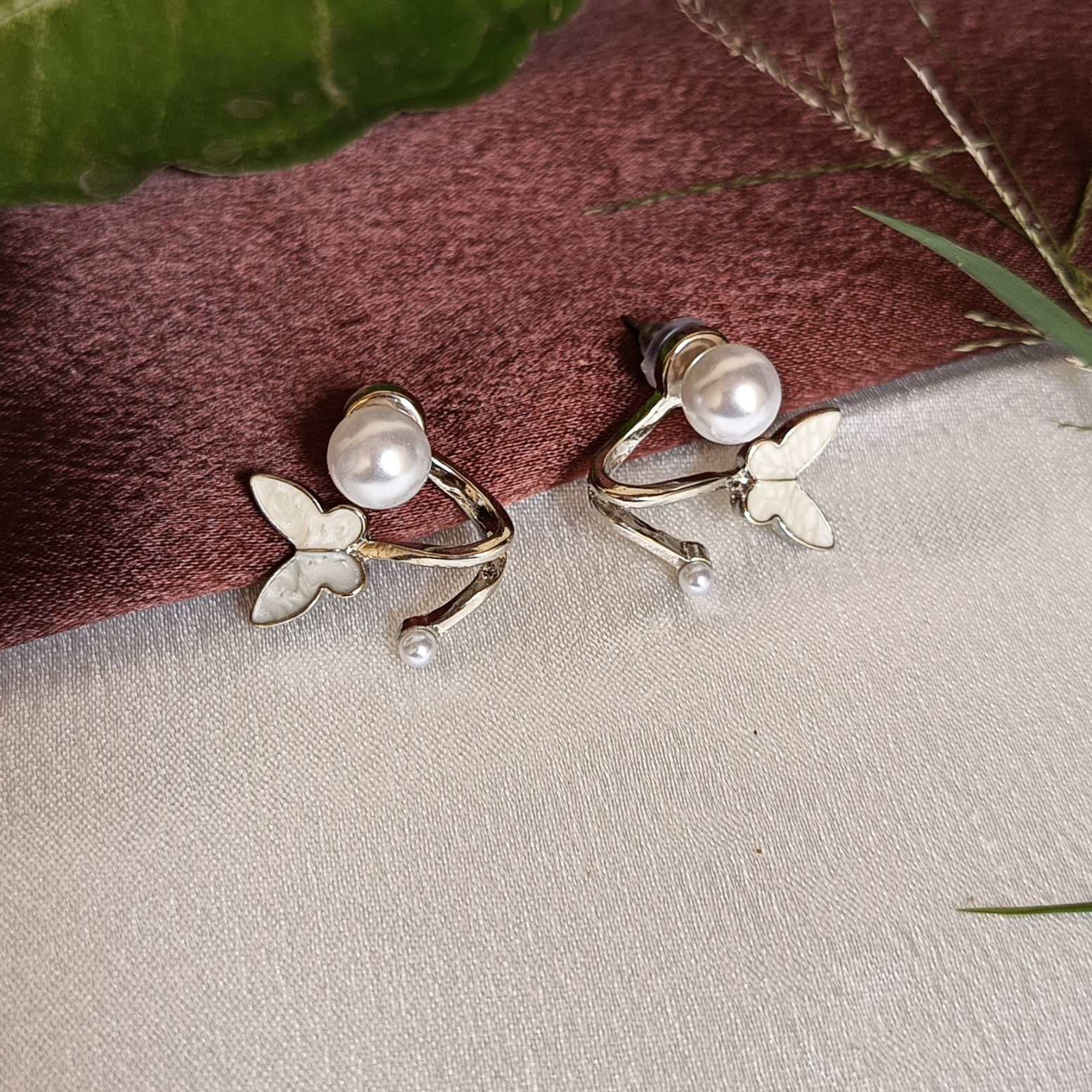 JJ Silver-Toned Butterfly & Pearl Stud Earrings