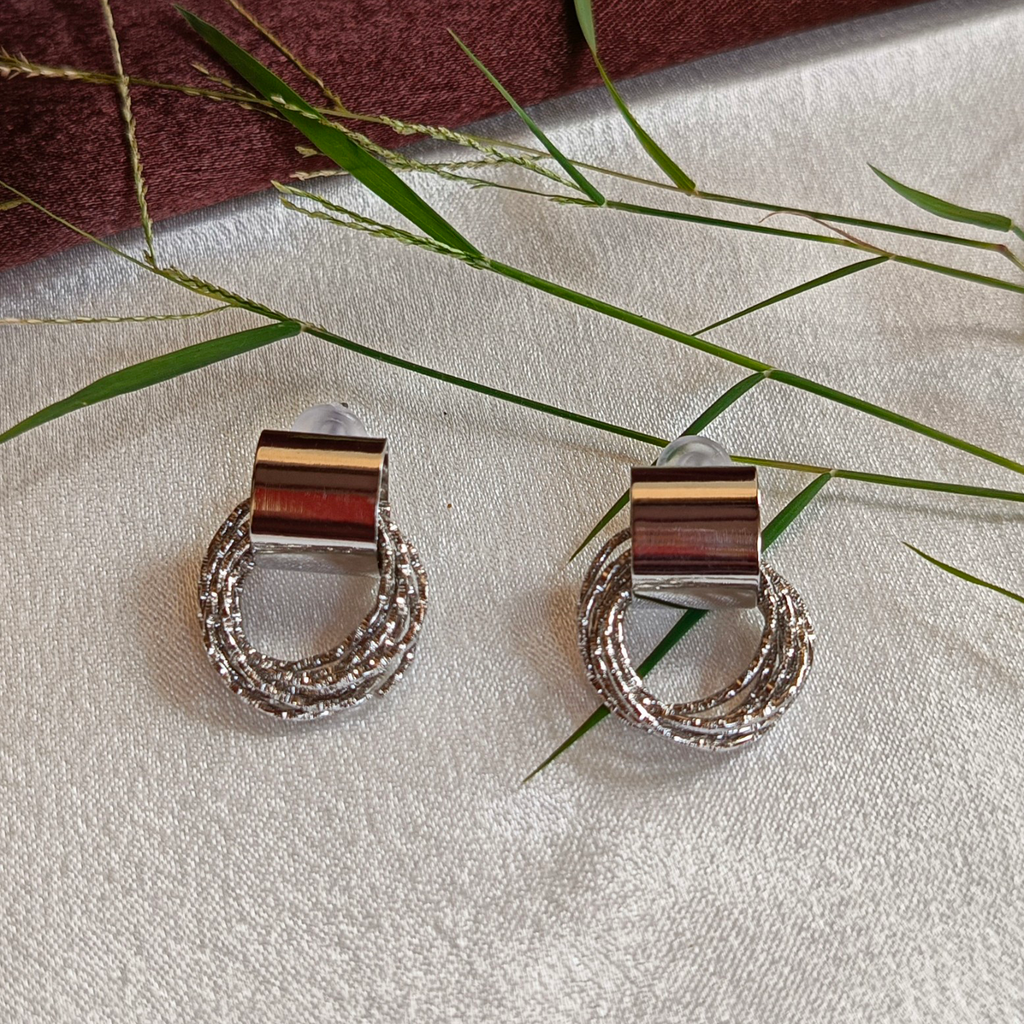 JJ Silver Hoop Stud Earrings – Textured Loop Design