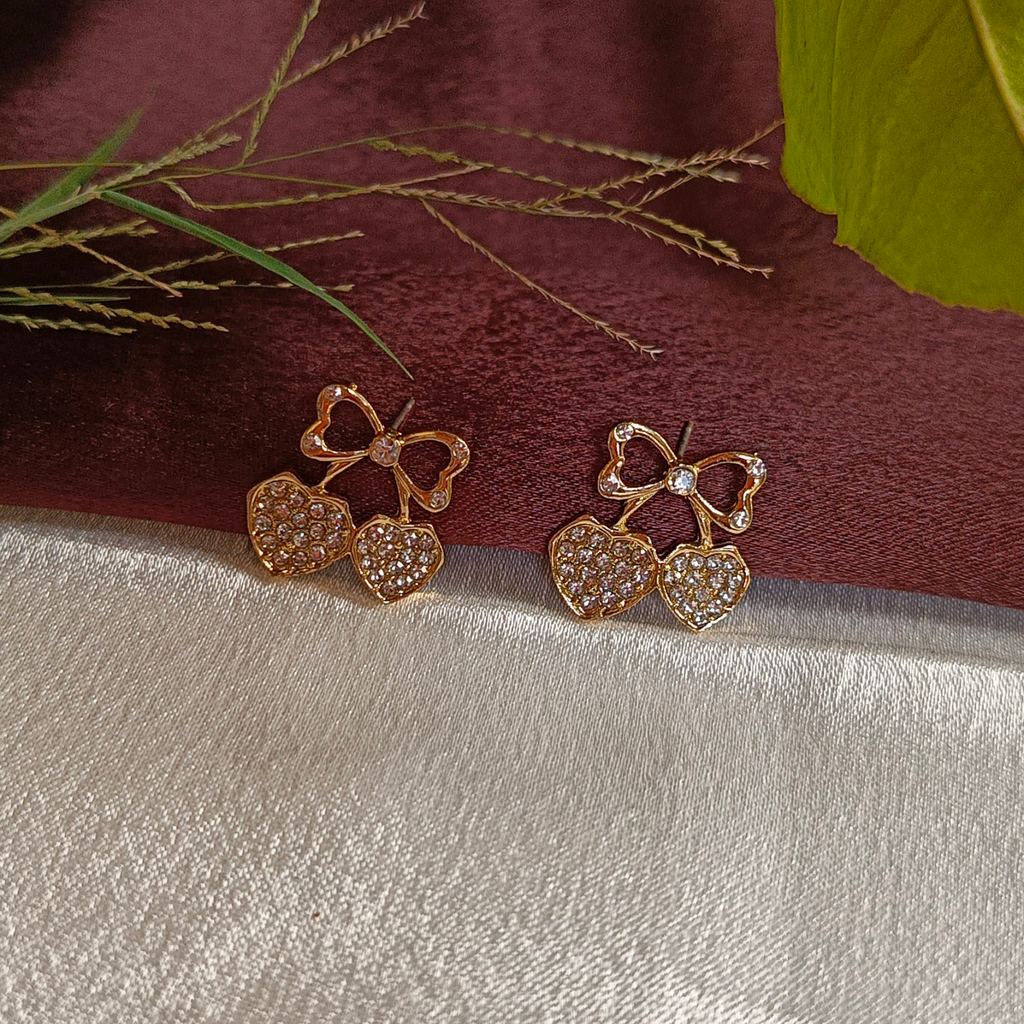 JJ Gold Heart Stud Earrings – Sparkling Bow & Heart Design