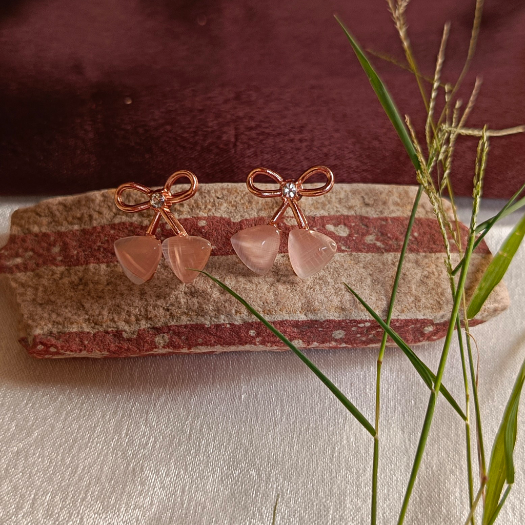 JJ Rose Gold Earrings with Pink Stone Bow Charm