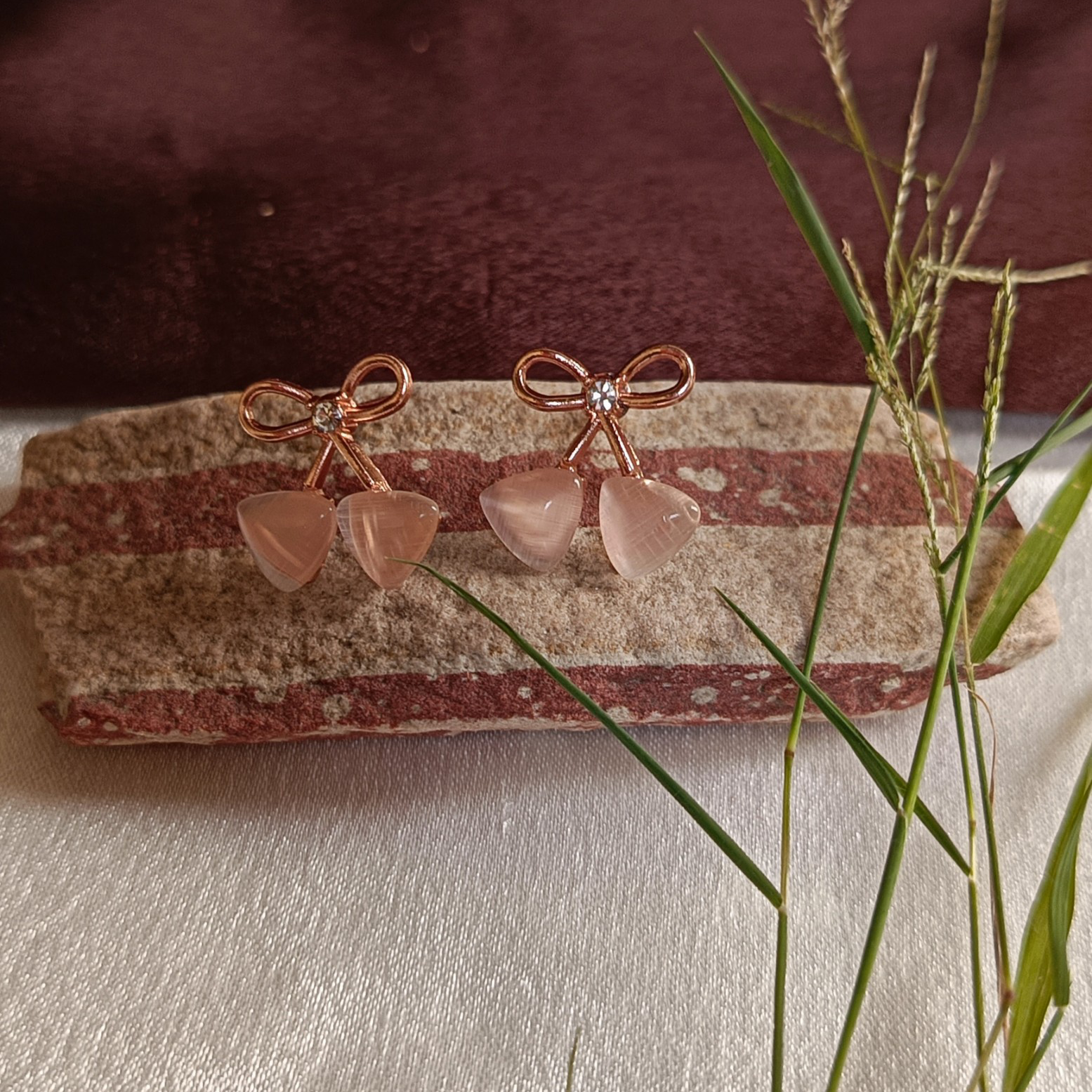 JJ Rose Gold Earrings with Pink Stone Bow Charm