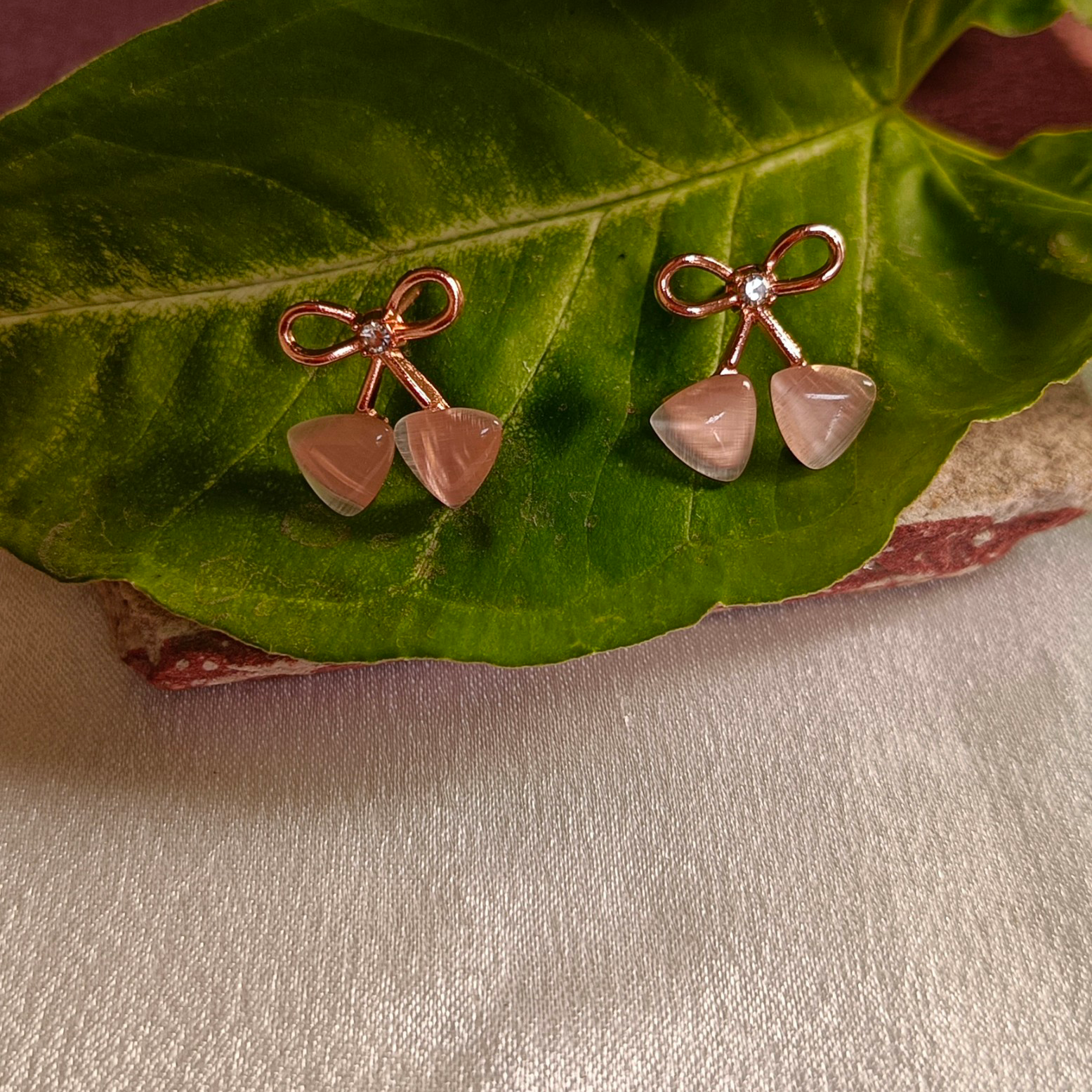 JJ Rose Gold Earrings with Pink Stone Bow Charm