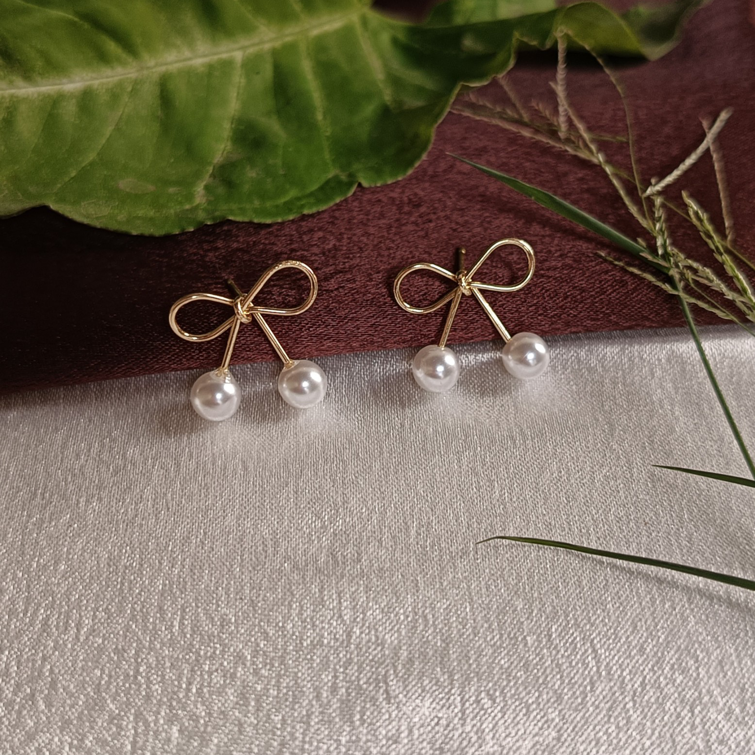 JJ Gold Earrings with Pearl Drop Bow Design