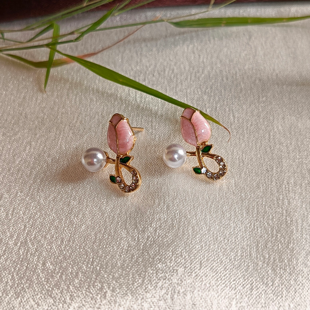 JJ Gold Earrings with Pink Rosebud and Pearl Design