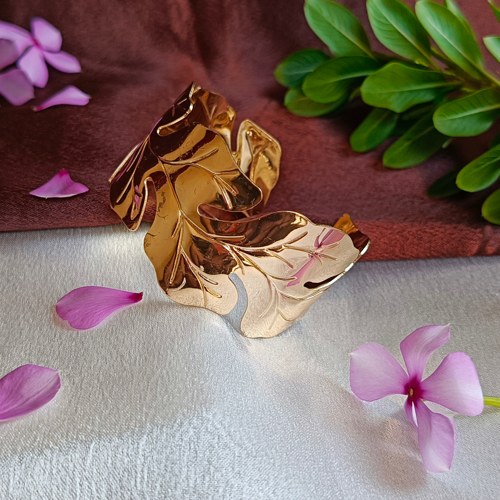 JJ Gold-Plated Leaf Cuff Nature Inspired Statement Design