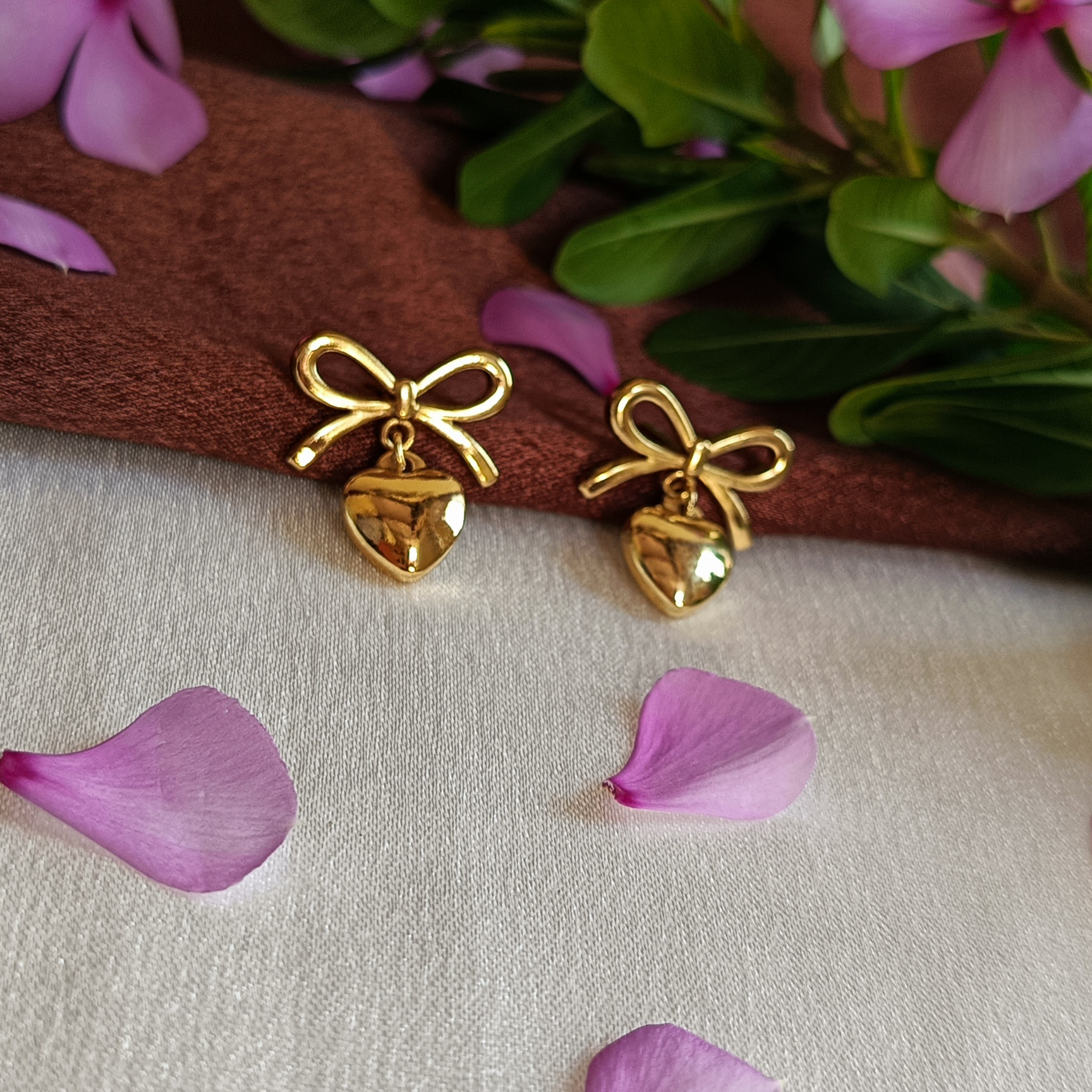JJ Gold-Plated Earrings – Bow & Heart Drop Charm