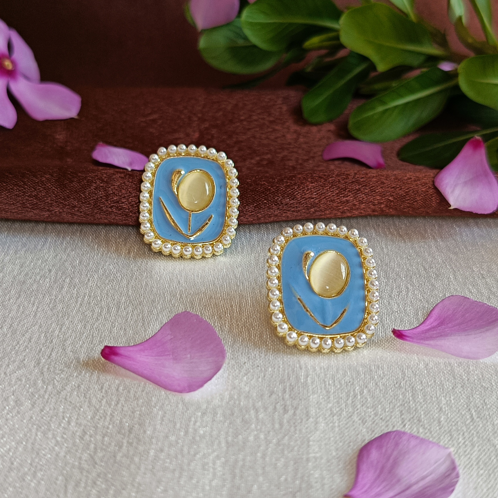 JJ Gold-Plated Earrings – Blue Enamel Floral Frame