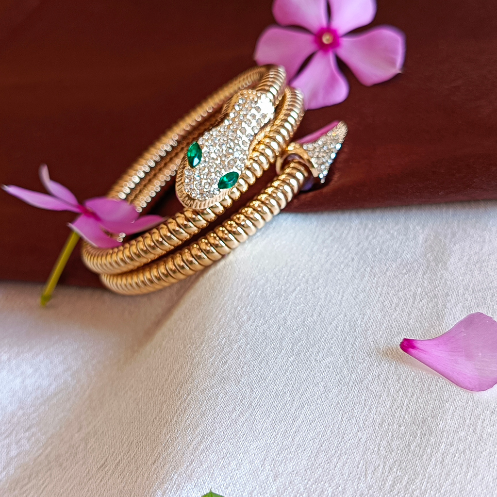 JJ Gold-Plated Snake Bangle Emerald Eyes Design