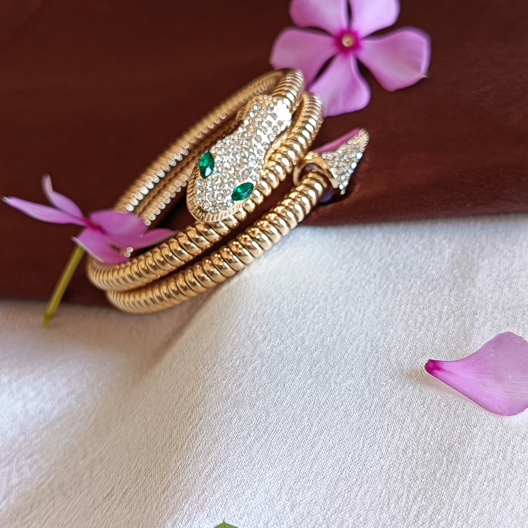 JJ Gold-Plated Snake Bangle Emerald Eyes Design