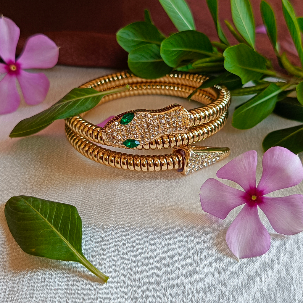 JJ Gold-Plated Snake Bangle Emerald Eyes Design