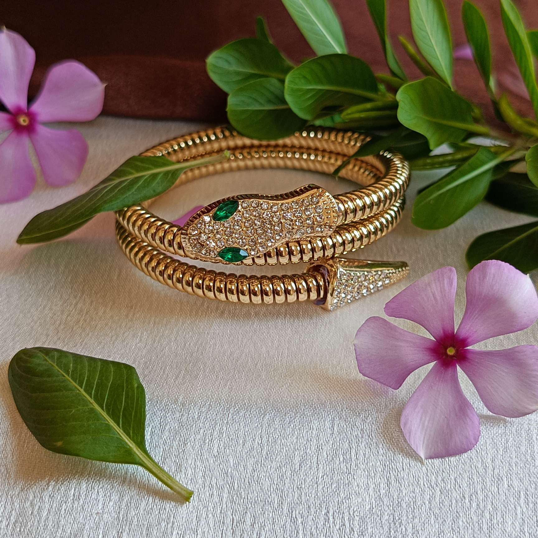 JJ Gold-Plated Snake Bangle Emerald Eyes Design