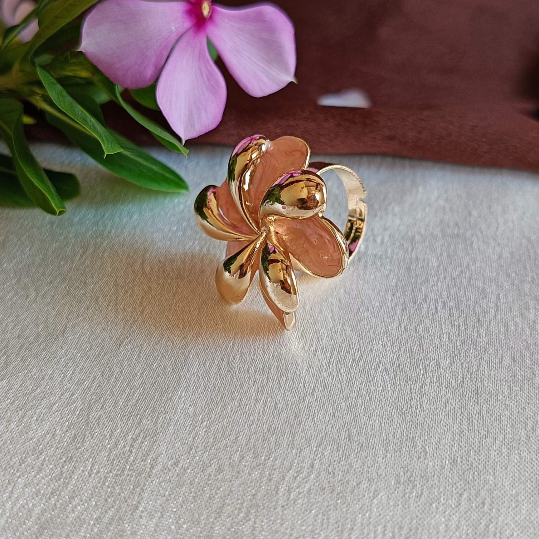 JJ Gold-Plated Floral Statement Ring in Pink Enamel