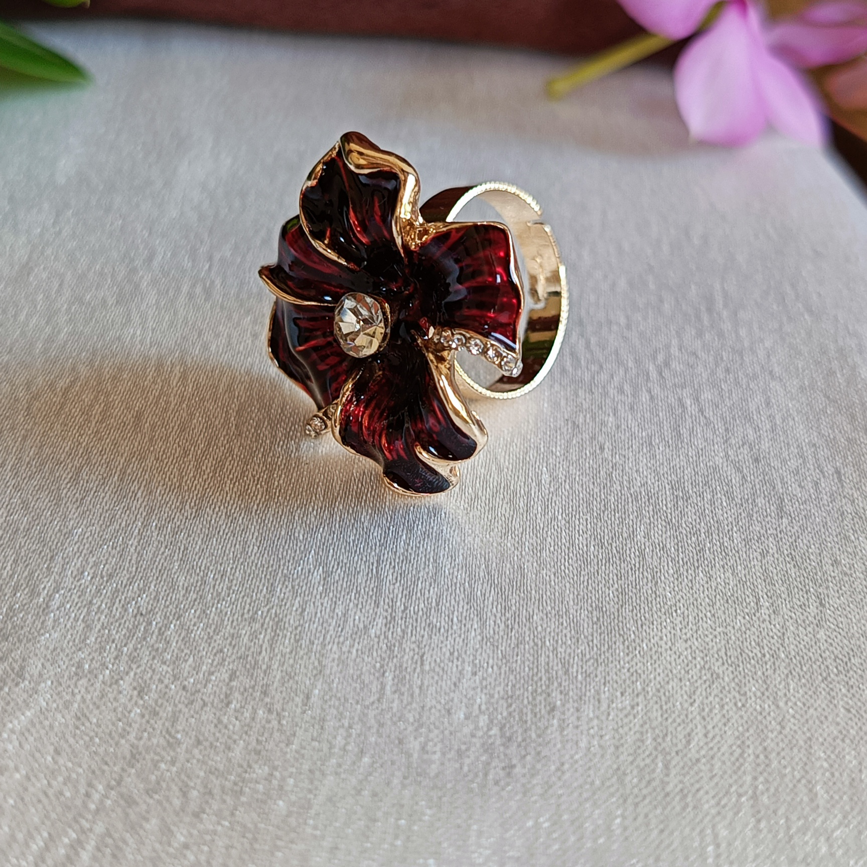 JJ Gold-Plated Red Enamel Flower Ring with Crystal Center