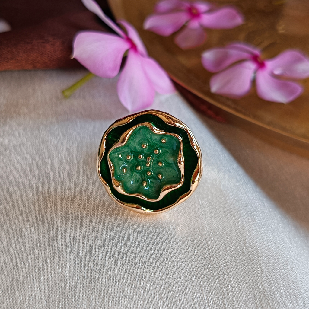 JJ Gold-Plated Green Lotus Statement Ring