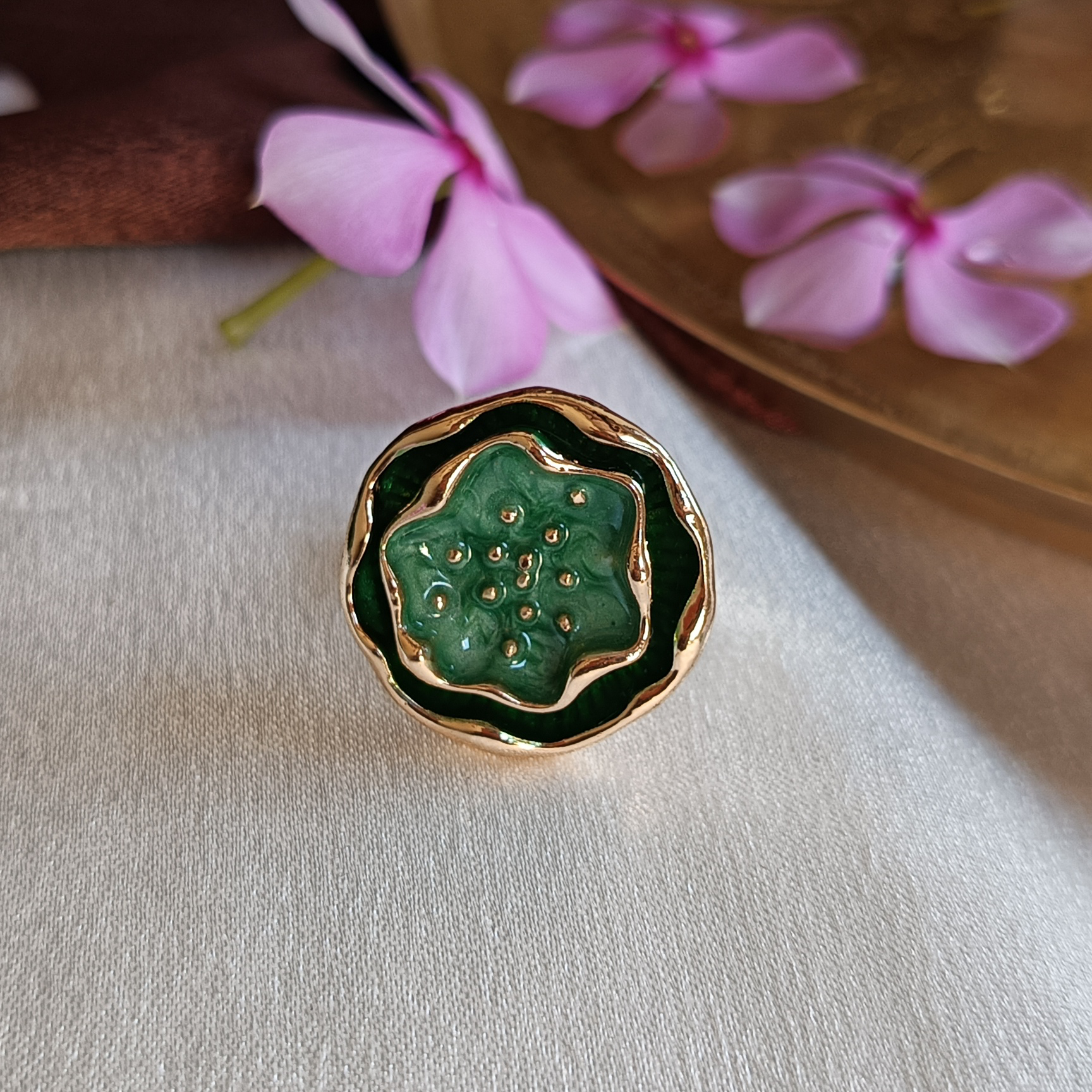 JJ Gold-Plated Green Lotus Statement Ring