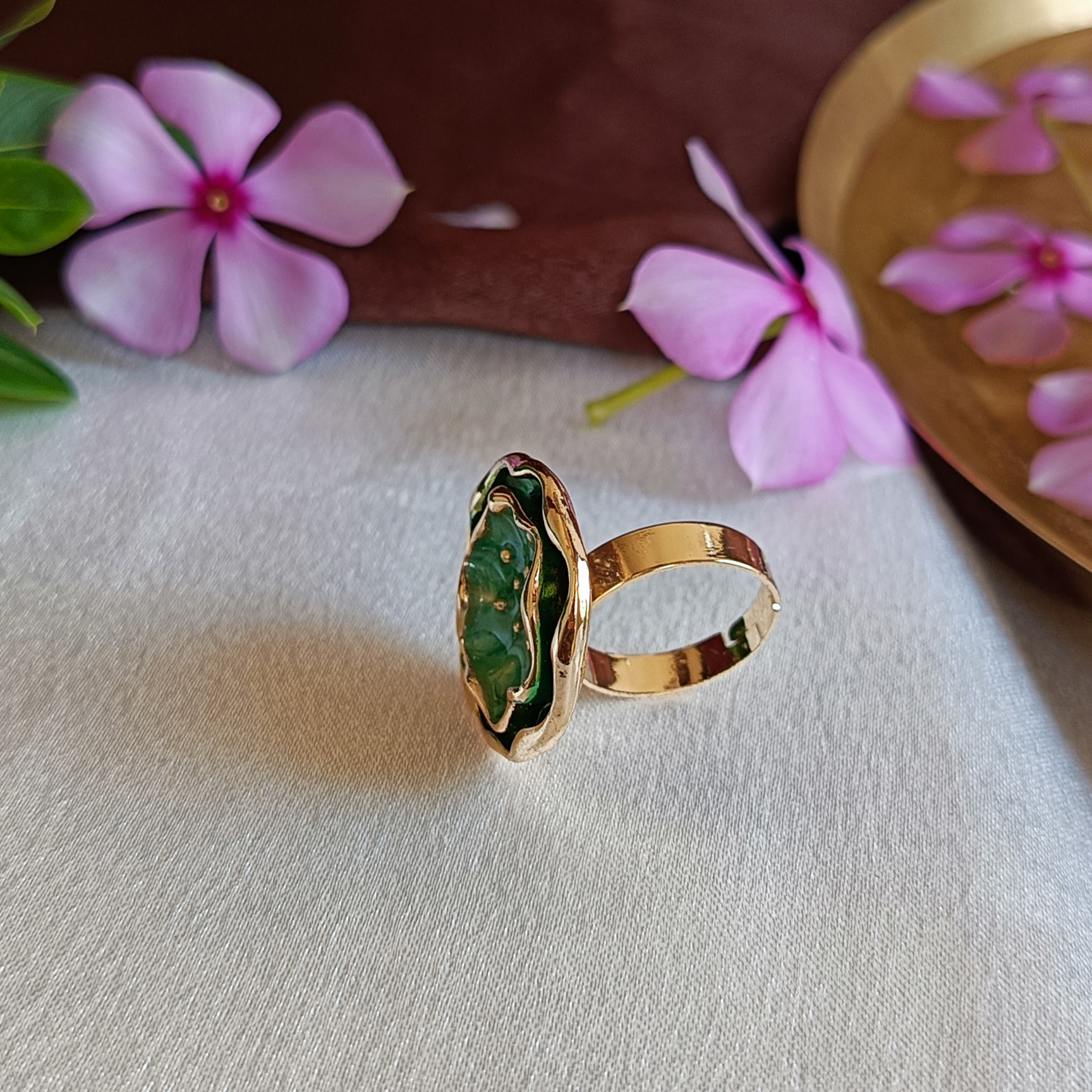 JJ Gold-Plated Green Lotus Statement Ring