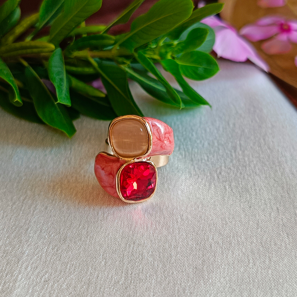JJ Gold-Plated Red & Pink Dual Stone Statement Ring