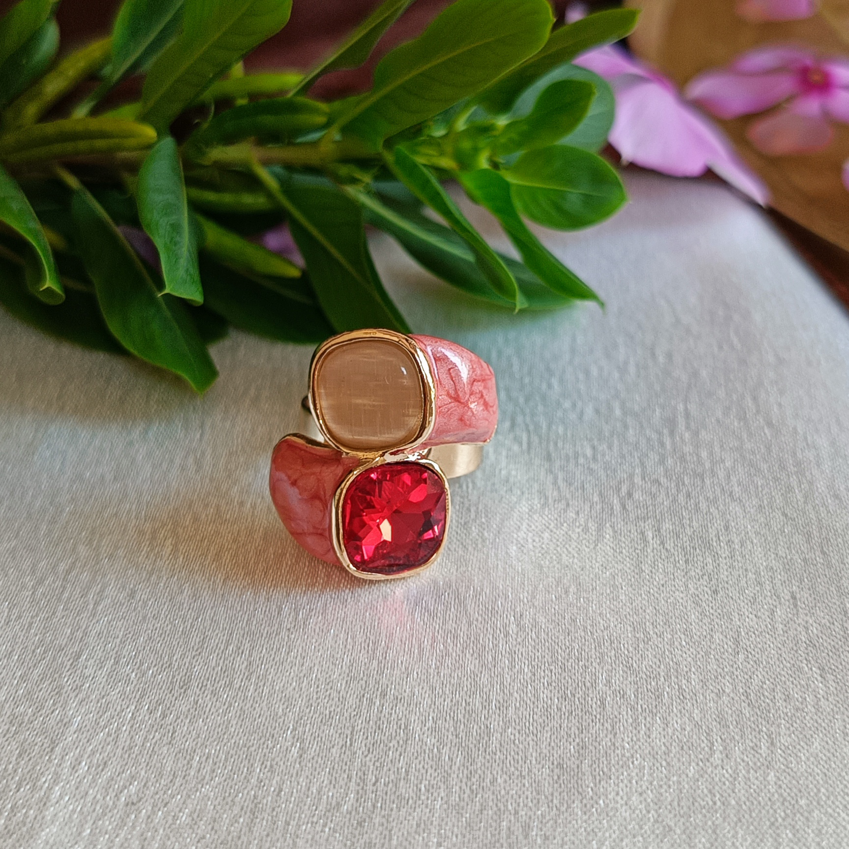 JJ Gold-Plated Red & Pink Dual Stone Statement Ring
