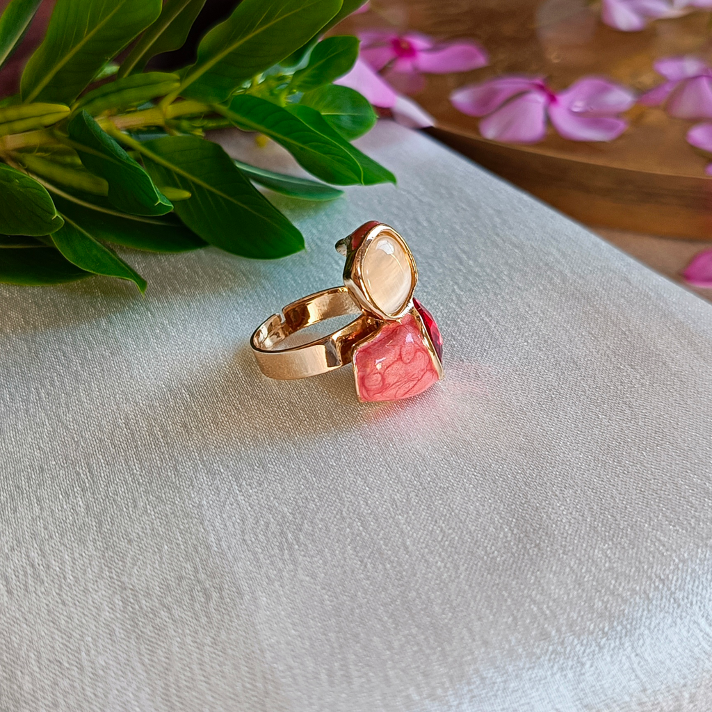 JJ Gold-Plated Red & Pink Dual Stone Statement Ring