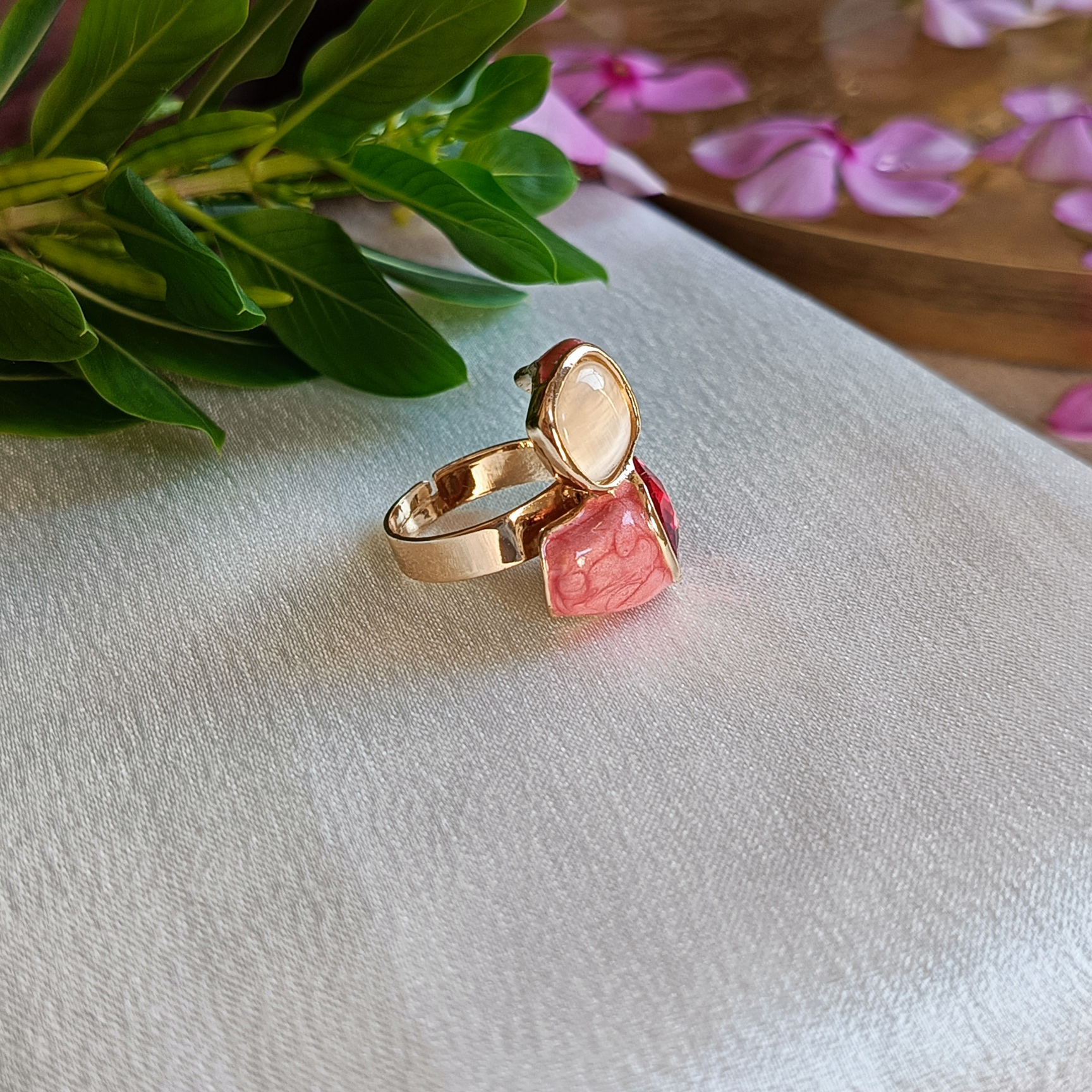 JJ Gold-Plated Red & Pink Dual Stone Statement Ring