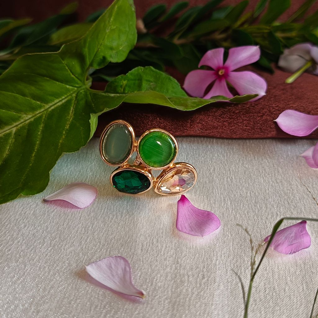 JJ Gold-Plated Quad Gemstone Ring in Green & Crystal Tones