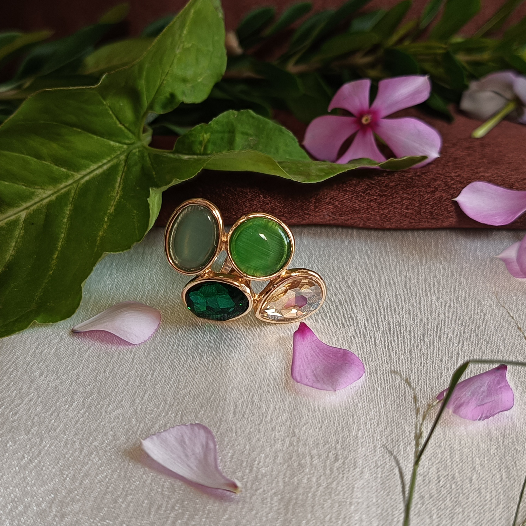 JJ Gold-Plated Quad Gemstone Ring in Green & Crystal Tones