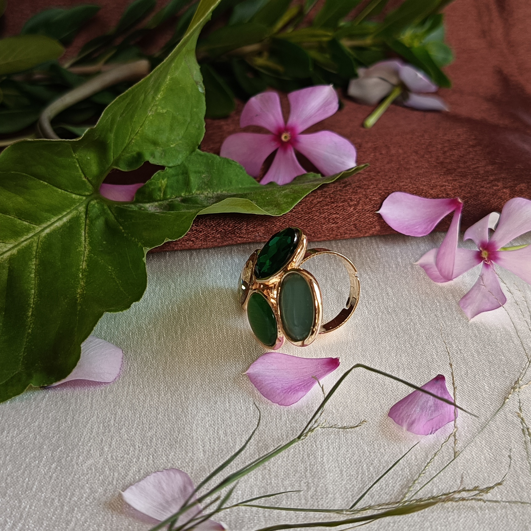 JJ Gold-Plated Quad Gemstone Ring in Green & Crystal Tones