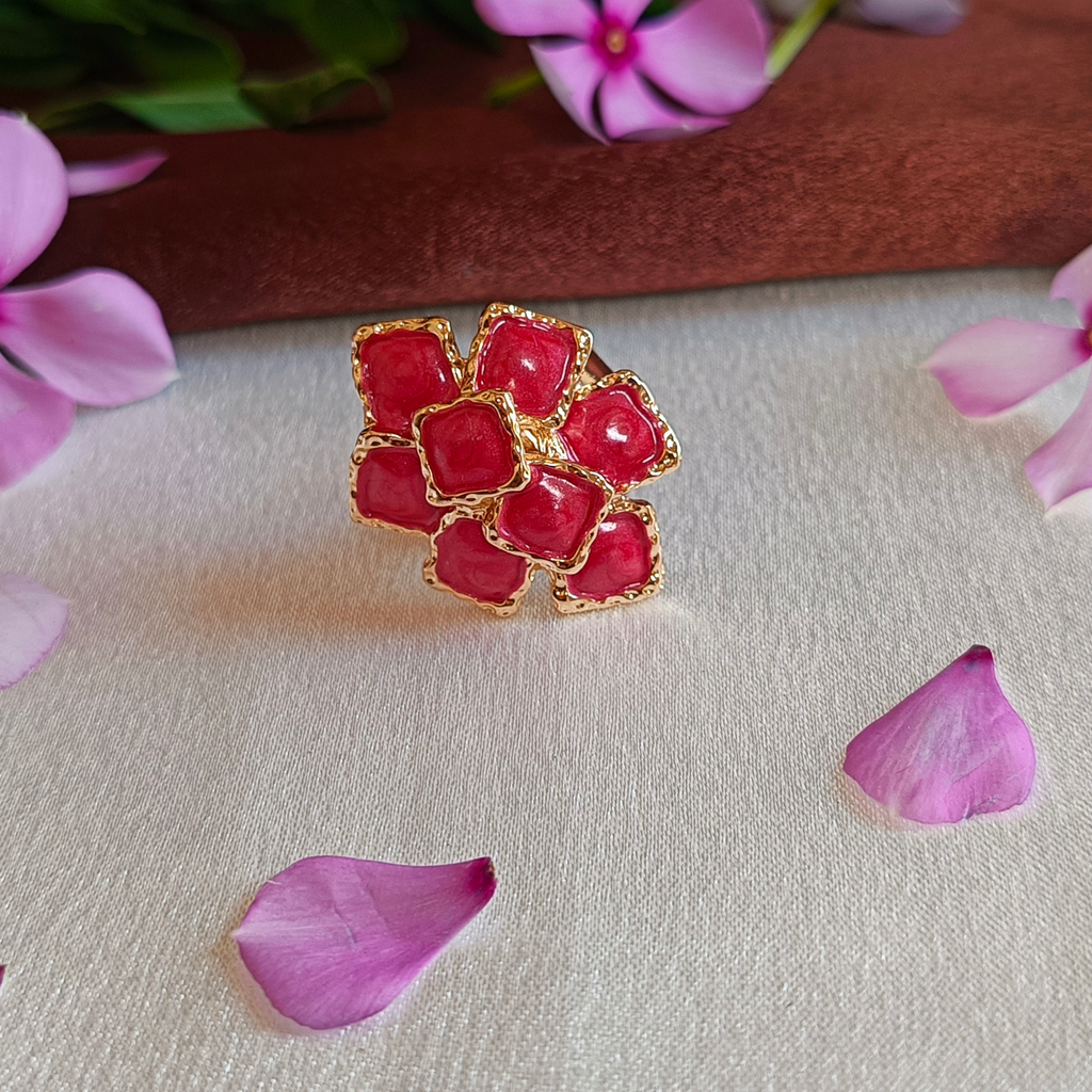 JJ Gold-Plated Red Enamel Petal Cluster Ring