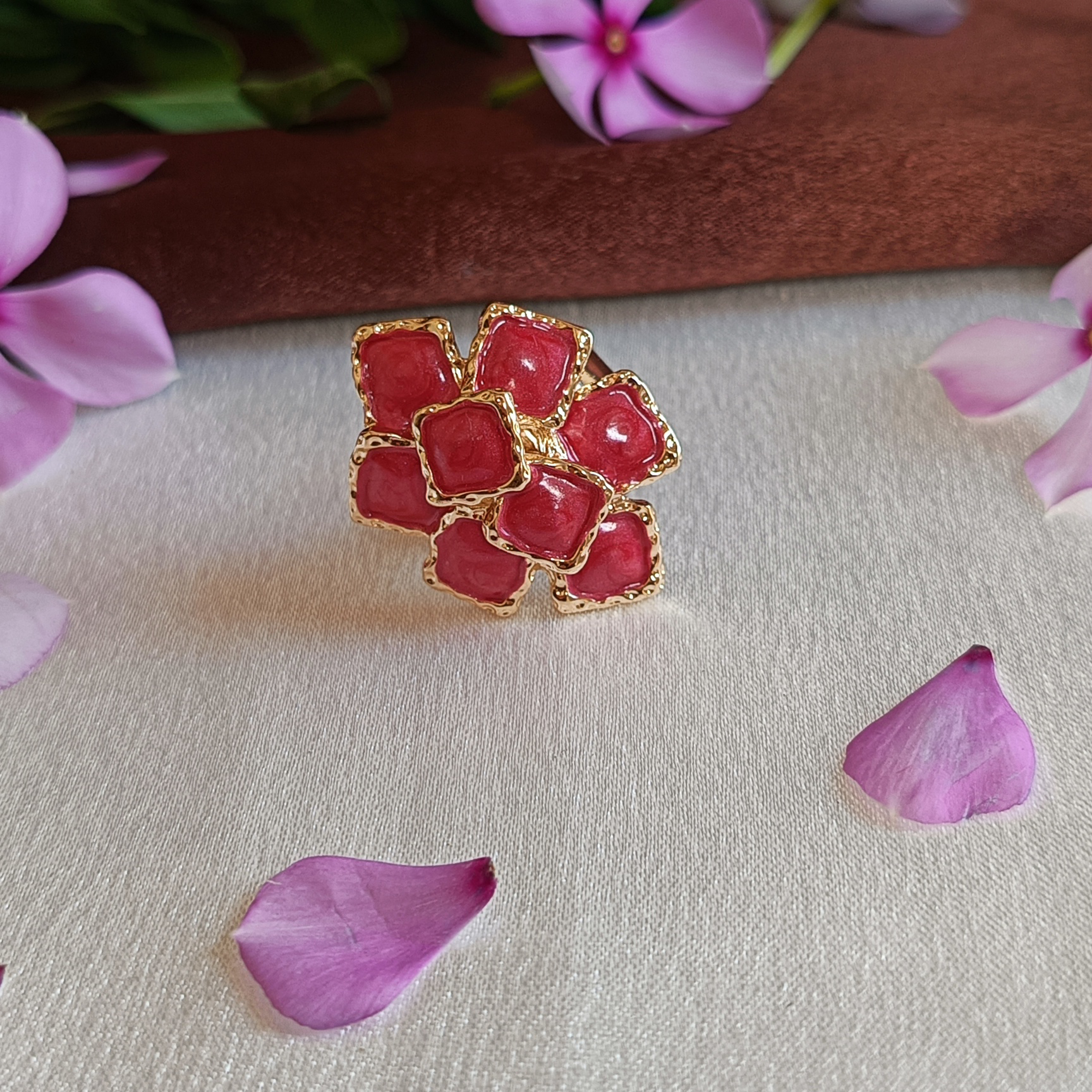JJ Gold-Plated Red Enamel Petal Cluster Ring