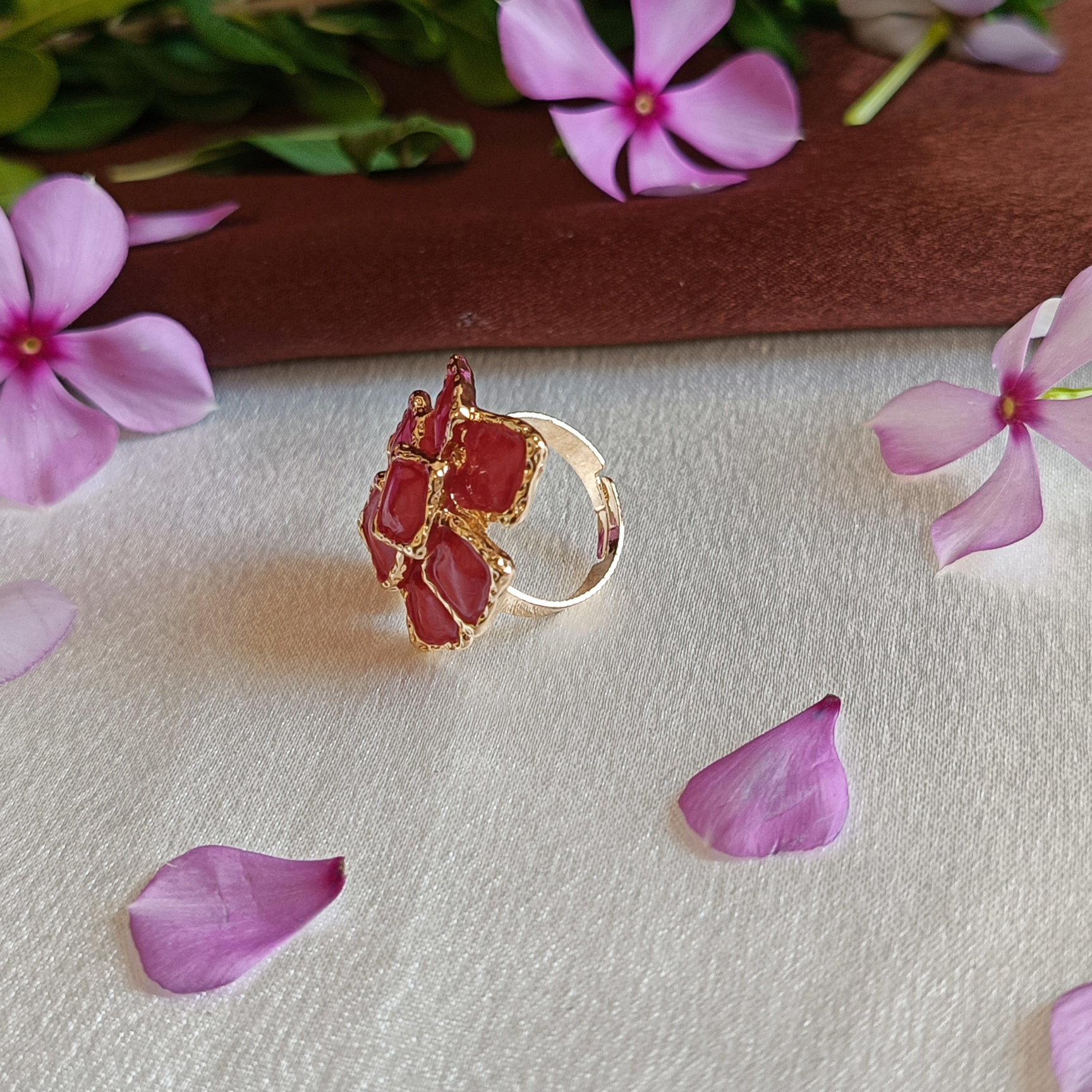 JJ Gold-Plated Red Enamel Petal Cluster Ring