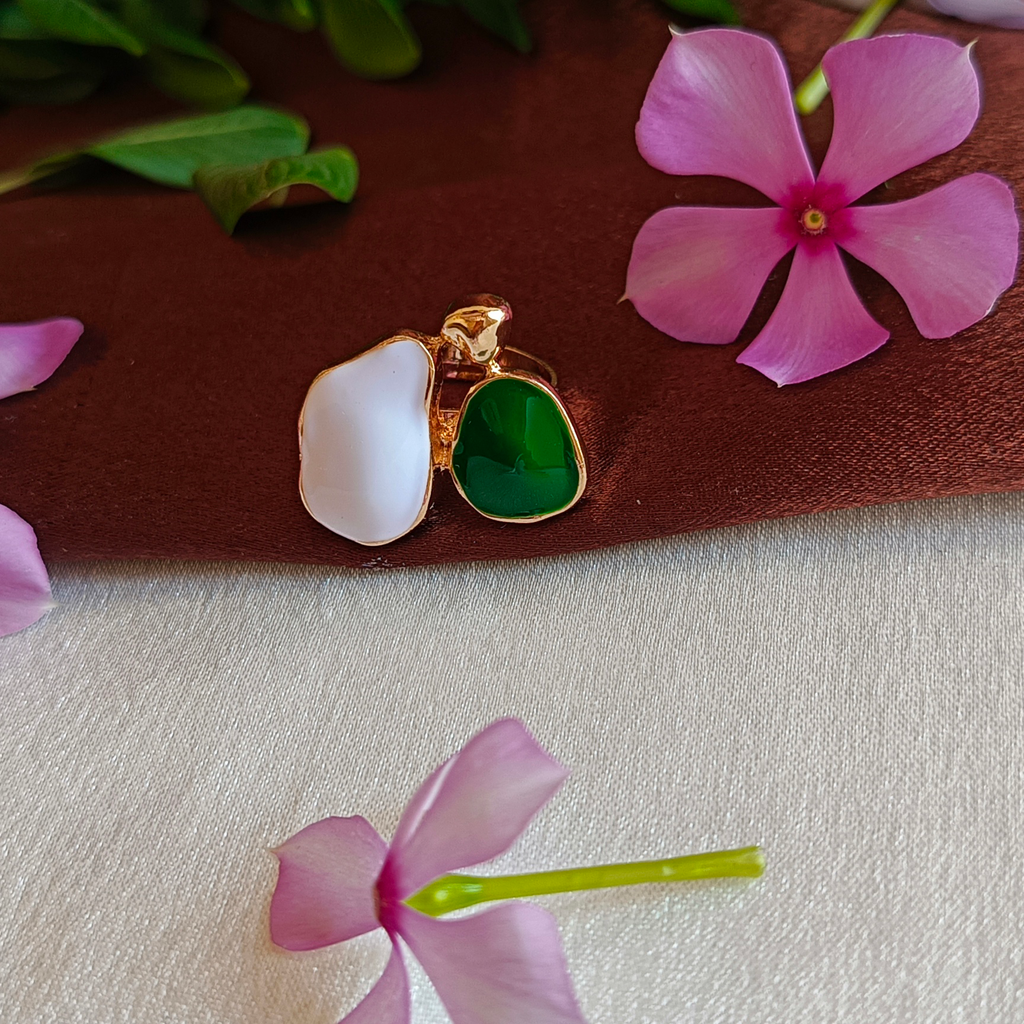 JJ Gold-Plated Dual Stone Ring in White & Green