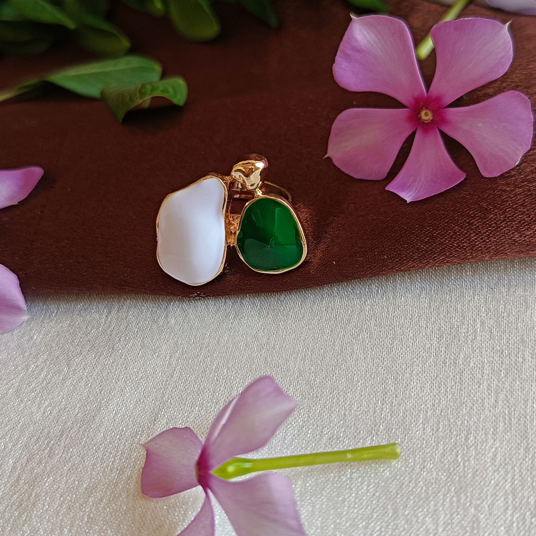 JJ Gold-Plated Dual Stone Ring in White & Green